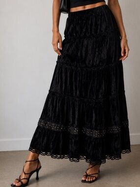 NWT Tribal Black Crinkle Velvet Tiered Maxi Skirt